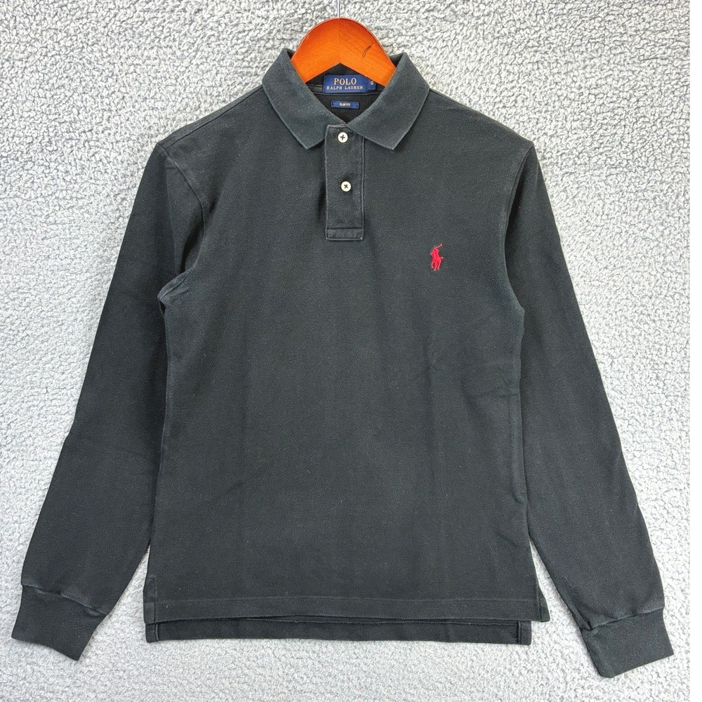 Polo Ralph Lauren Slim Fit Long Sleeve Polo Shirt Mens S Black Red Pony Preppy
